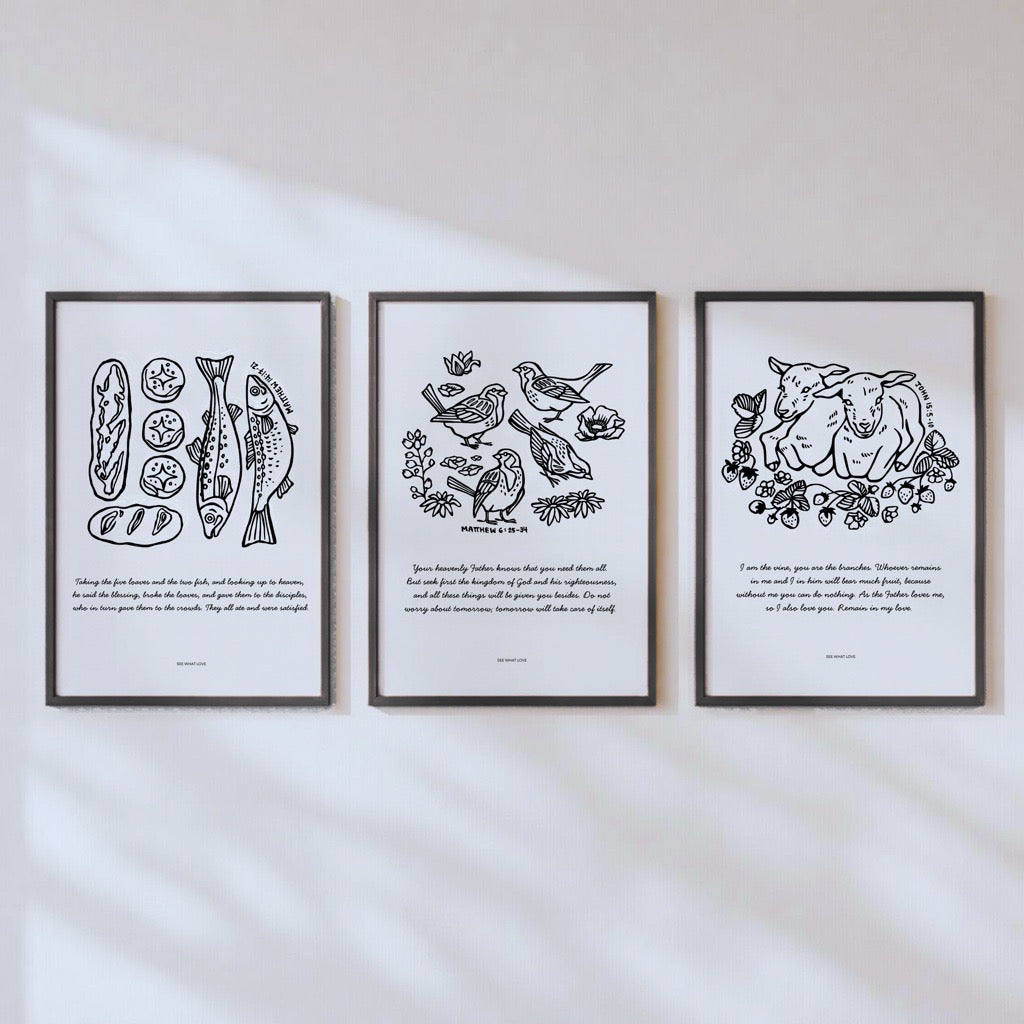 Framed collection of Scripture-inspired art prints displayed on the wall