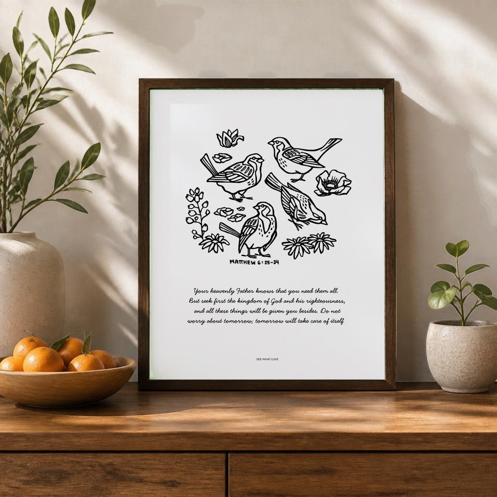 Do Not Worry Christian art print featuring birds and wildflowers illustrations