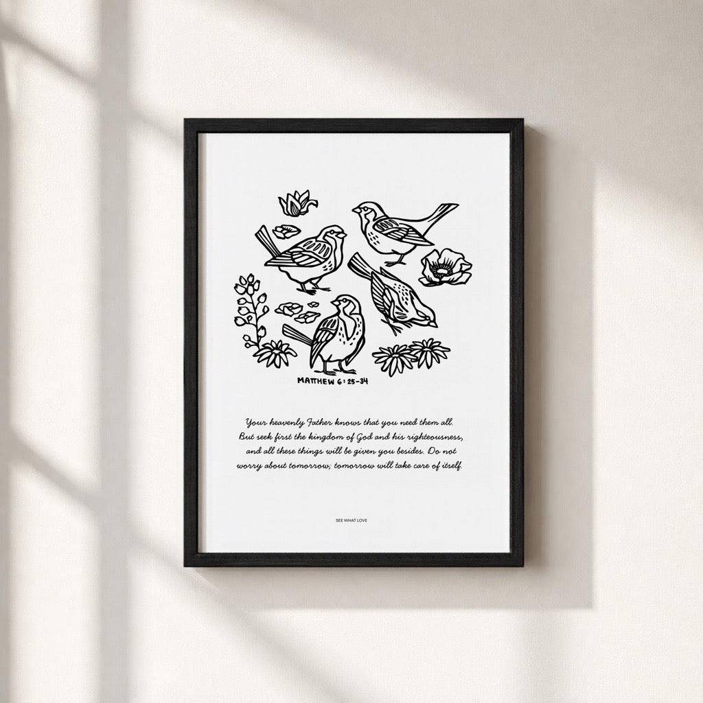 Do Not Worry Christian art print featuring birds and wildflowers illustrations