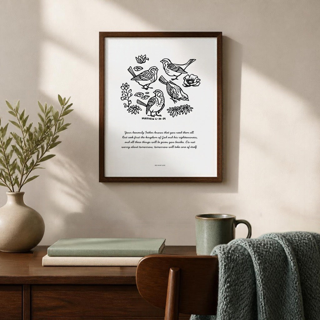 Do Not Worry Christian art print featuring birds and wildflowers illustrations