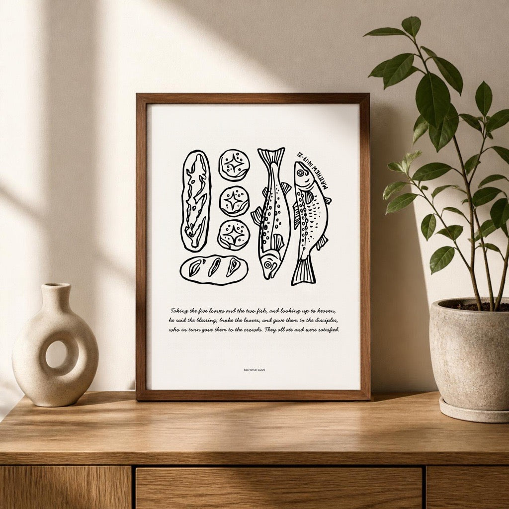 Framed Five and Two Scripture-inspired art print displayed on a wooden console