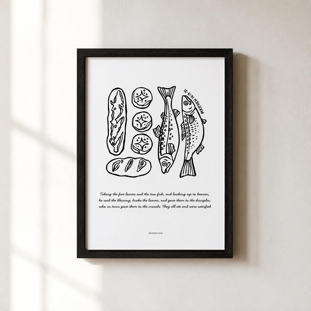 Five and Two Christian art print featuring an illustration of loaves and fish