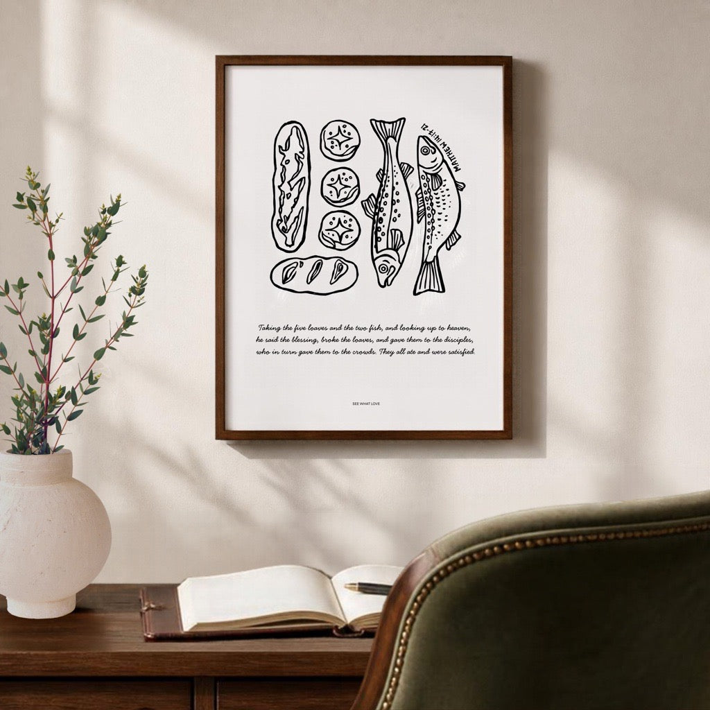 Framed Five and Two Scripture-inspired art print displayed on the wall above a desk