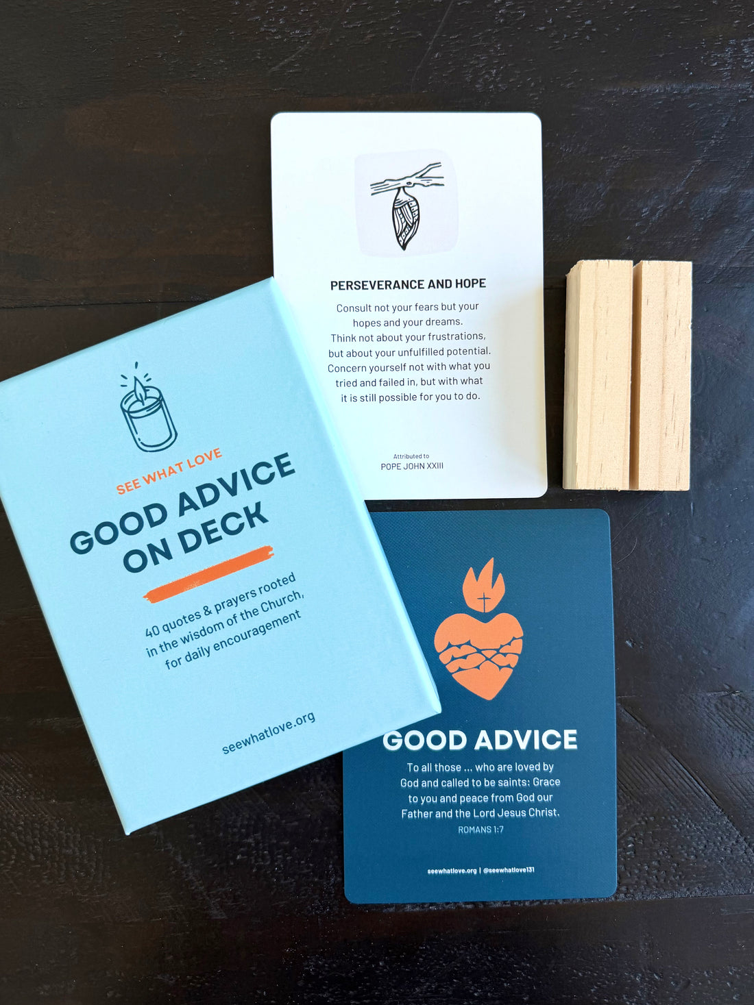 Good Advice On Deck box featuring 40 quotes and prayers rooted in Church wisdom
