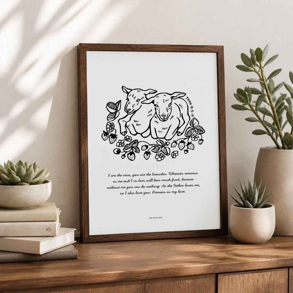 Remain In Me Christian art print featuring lambs and strawberry vines illustrations