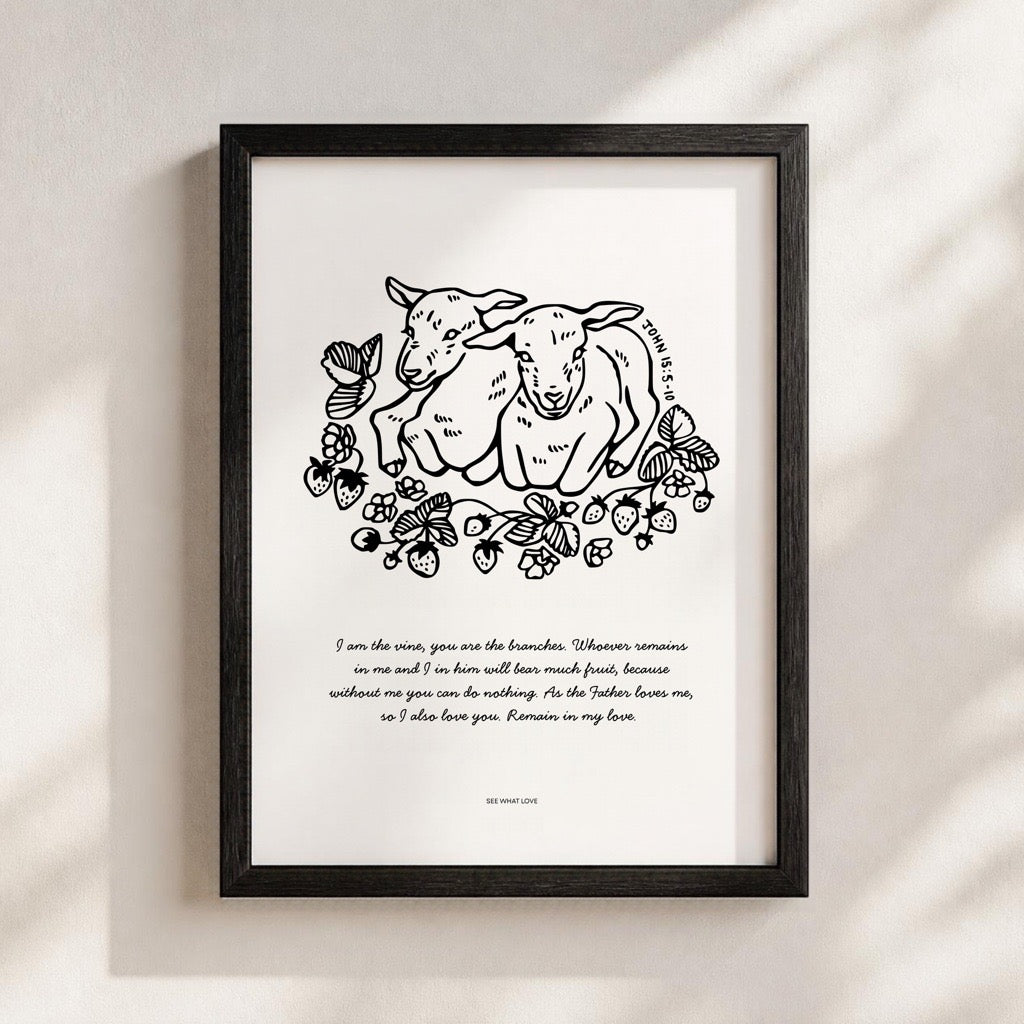 Remain In Me Christian art print featuring lambs and strawberry vines illustrations