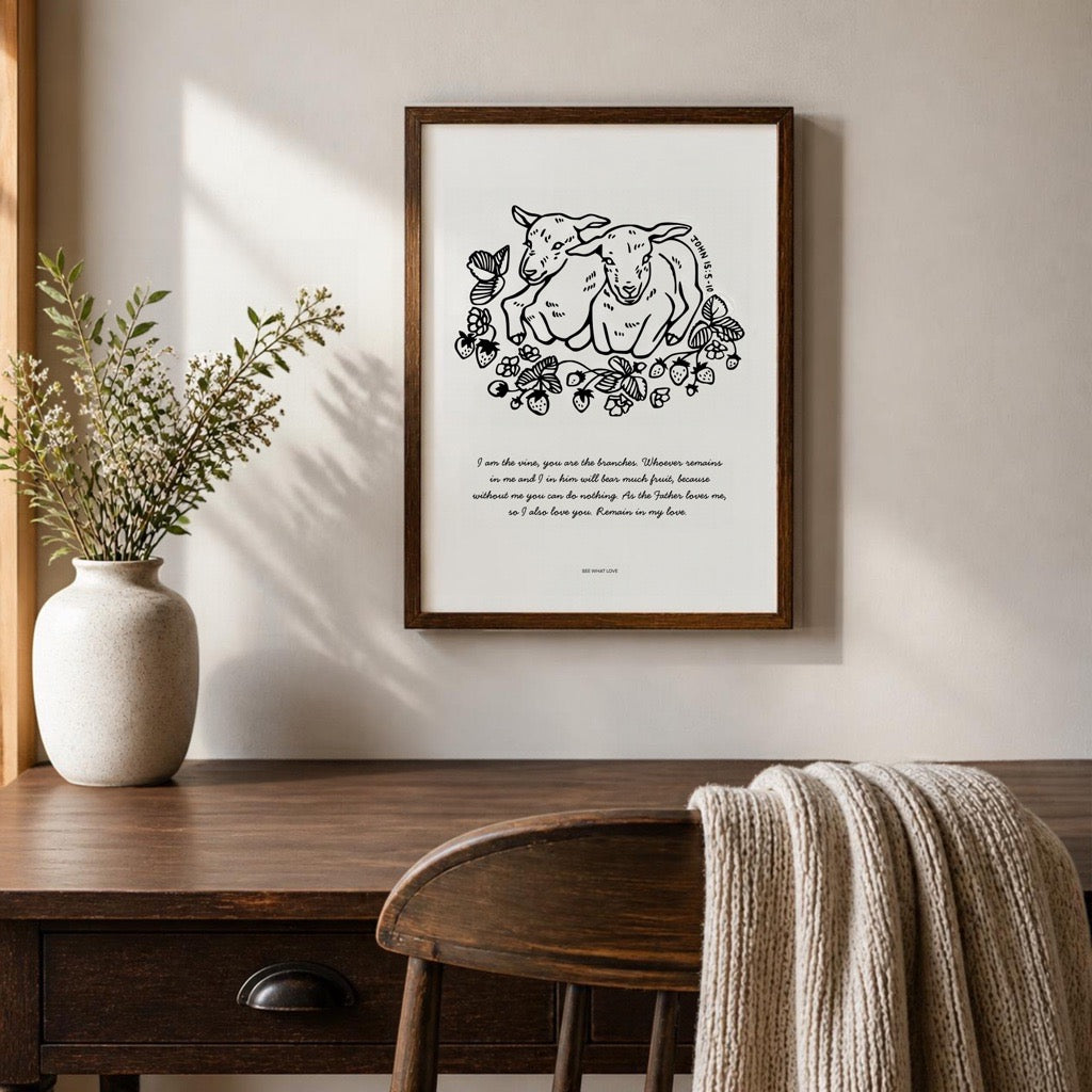 Remain In Me Christian art print featuring lambs and strawberry vines illustrations
